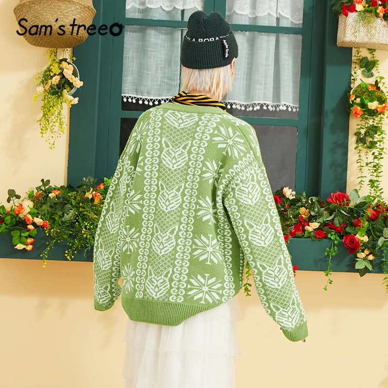 Samstree зеленый рисунок с героями мультфильмов на пуговицах спереди Свободный кардиган в Корейском стиле свитер женская одежда Осенние повседневные свитера большого размера