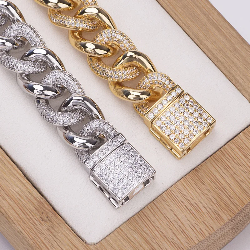 

14mm wide Hip Hop Half CZ Stone Paved Bling Iced Out Round Cuban Miami Link Chain Bangle Bracelet for Men Rapper Jewelry