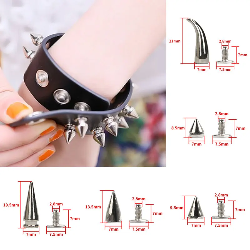 

10 Sets Silver Metal Screwback Cone Studs Bullet Spike Stud Punk Bag Belt Shoes Clothes Leathercraft Cone Rivet DIY New