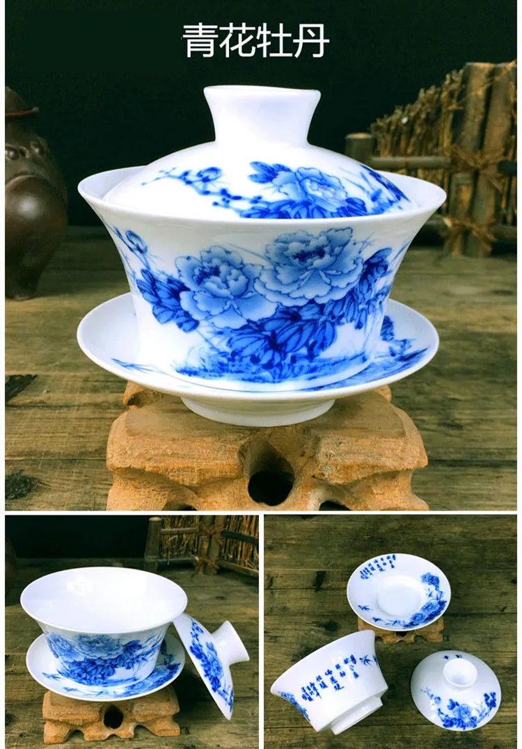 Фарфоровая чаша Gaiwan Jingdezhen, 200 мл, покрытая синим и белым фарфором, миска Sancai, набор китайских чайных чашек и блюдца, чайная супница