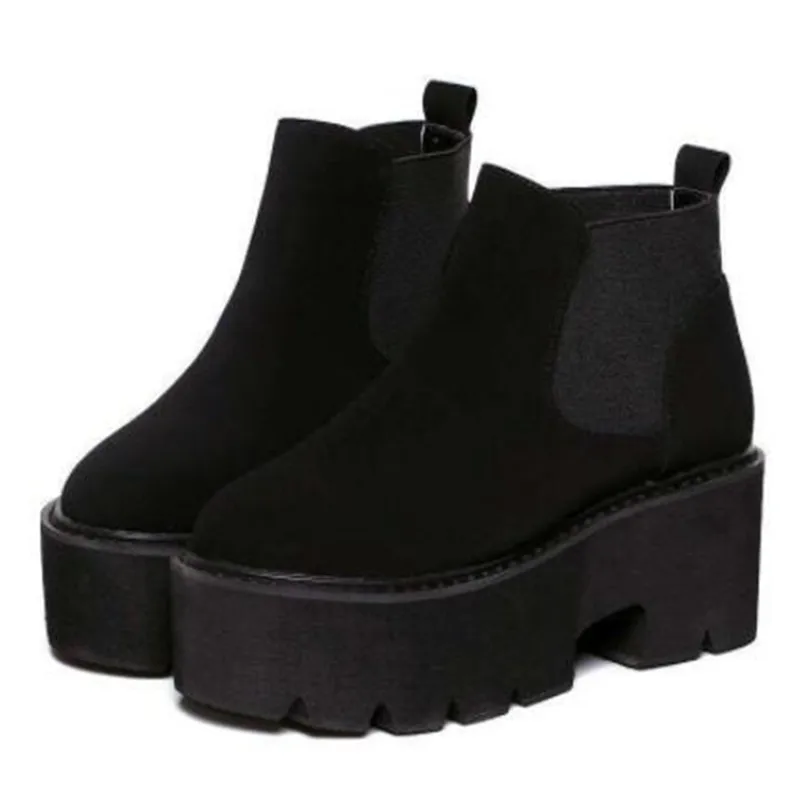 

2020 Fashion Black Ankle Boots For Women Thick Heels New Autumn Winter Flock Platform Warm Shoes High Heels Ladies Punk Boots