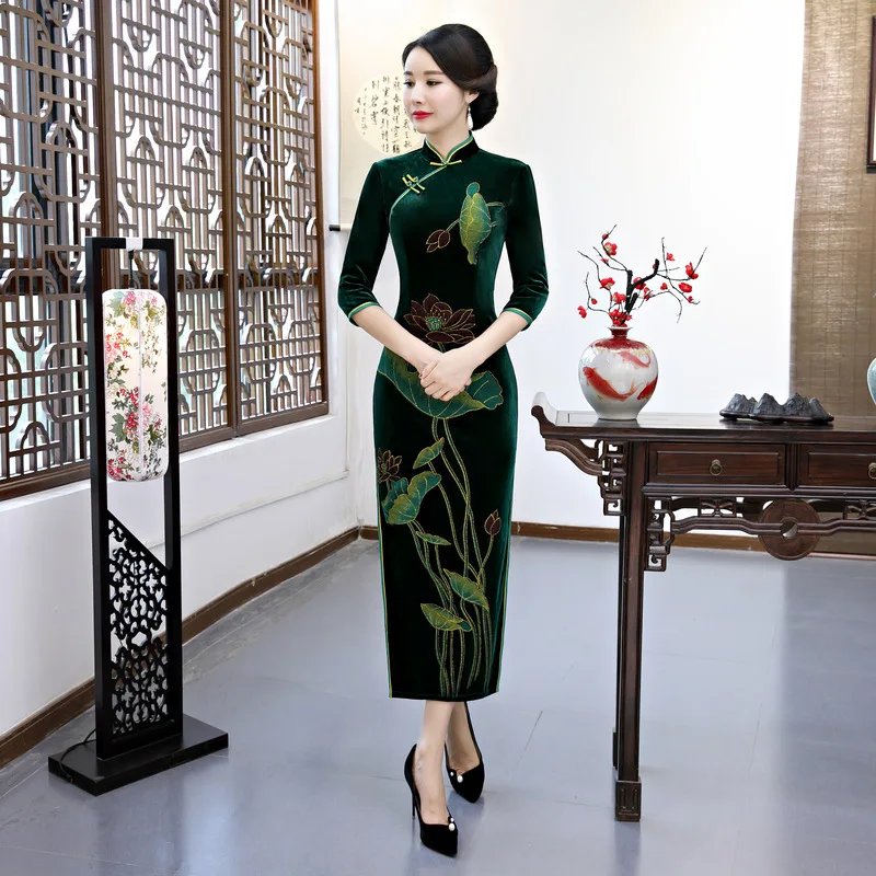 

Dark Green Velour Elegant Long Cheongsam Female Lotus Leaf Novelty Qipao Sexy Slim Exquisite Chinese Formal Party Dress