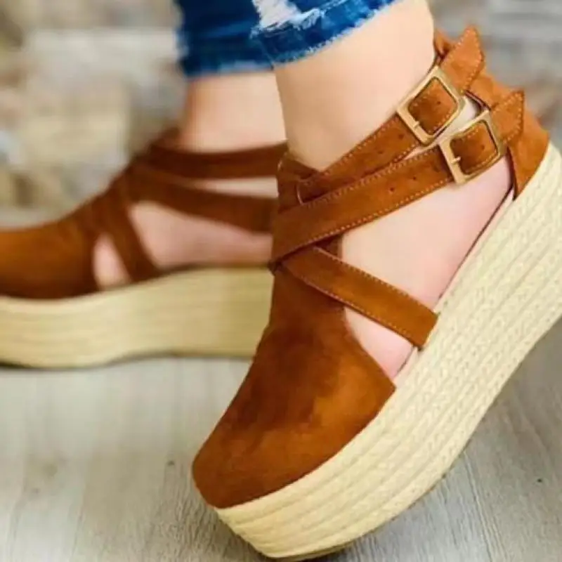 Босоножки женские на танкетке винтажные соломенные туфли толстой платформе с