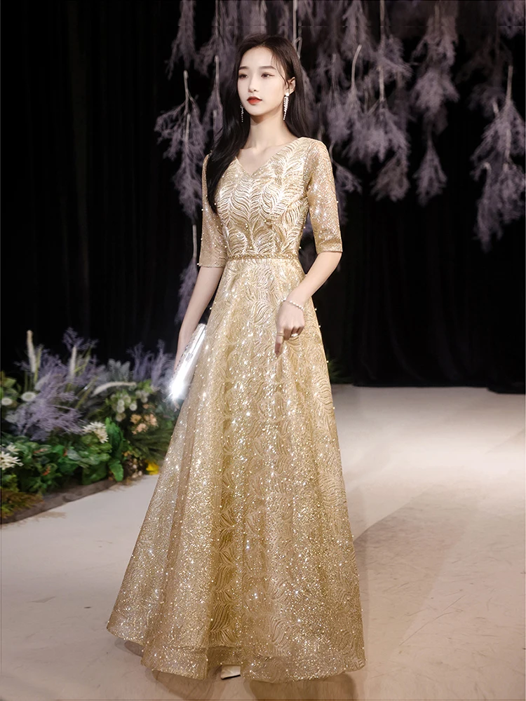 

Golden Evening Dress Women Elegant Pearls V Neck Half Sleeve Banquet Party Long Dresses Formal Prom Gowns Performance Clothing
