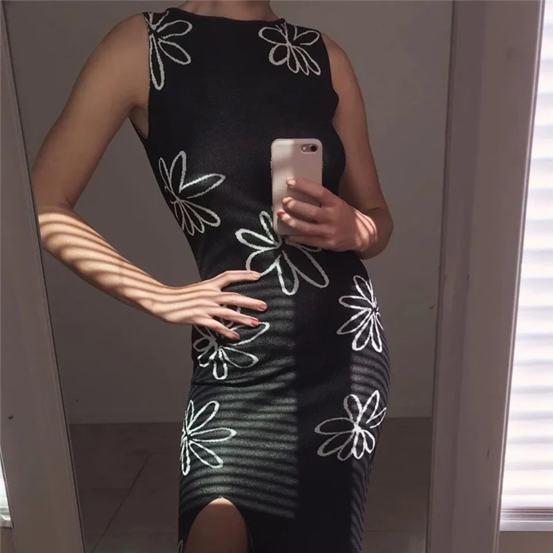 

2021 O Neck Knitted Bodycon Dress Women Summer White Split Backless Sleeveless Y2K Beach Sexy Midi Party Dresses Vestido