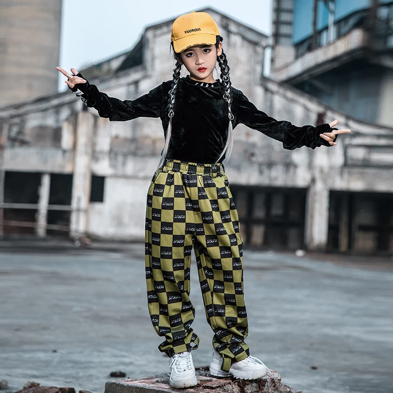 Детские костюмы в стиле хип-хоп Модный черный топ с длинными рукавами для девочек