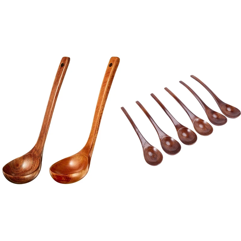 

6 Pcs 7.84 Inches Round Long Handle Kids Rice Dessert Spoons Dark Brown & 2 Pcs Wooden Soup Spoon Long Handle Ladle