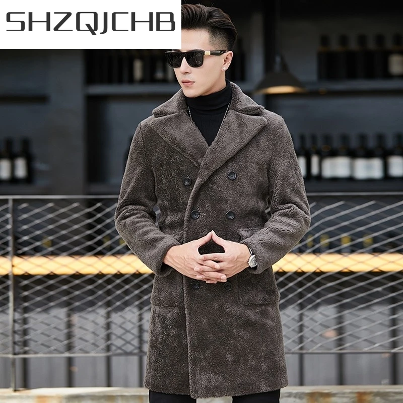 

JCHB 2021 Winter Mens Double Breasted Long Real Fur Jacket Slim Fit Warm Shearling Overcoat Reversible Office Man Warm Wool Oute