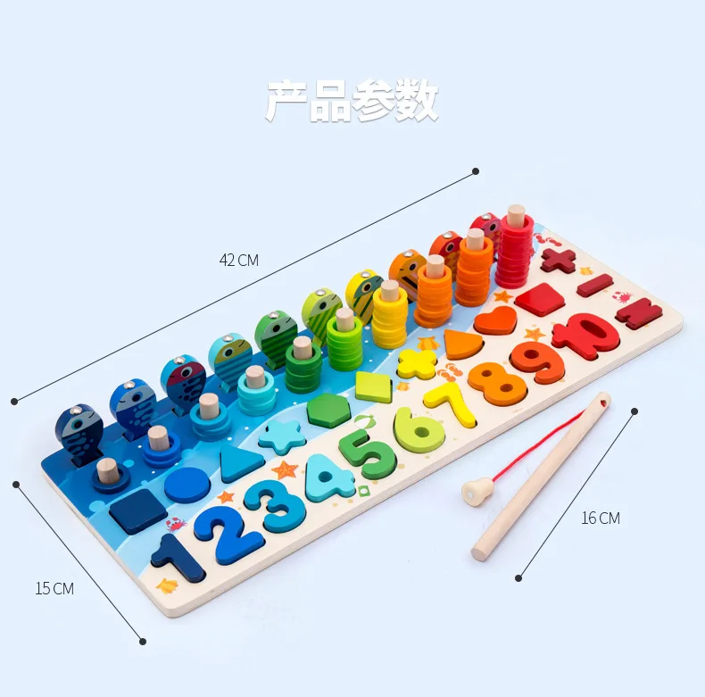 

New Baby Wooden Montessori Educational Toys Kids Early Learning Shape Color Math Matching Log Board Fishing Puzzle Count Number