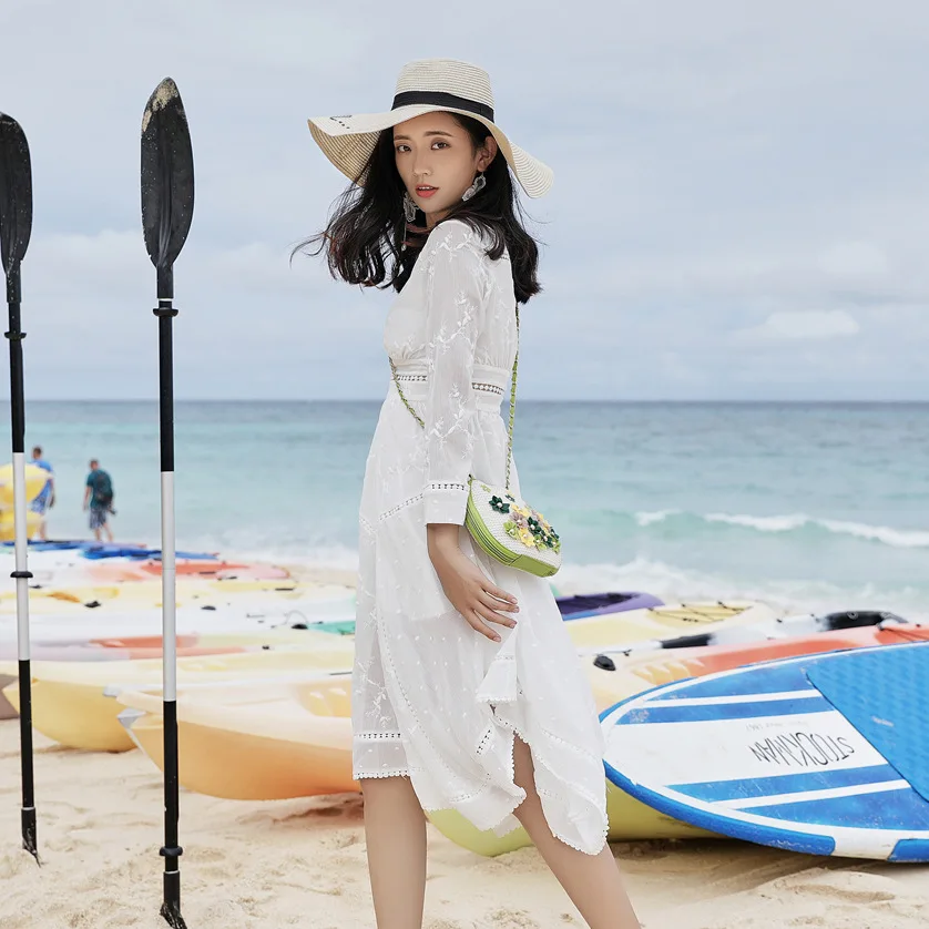 

Luxury Boho Women Lining + Dress Hollow Out White Lace Embroidery Sexy Long Tunic Beach V-neck Lady Dresses Elegant Clothes