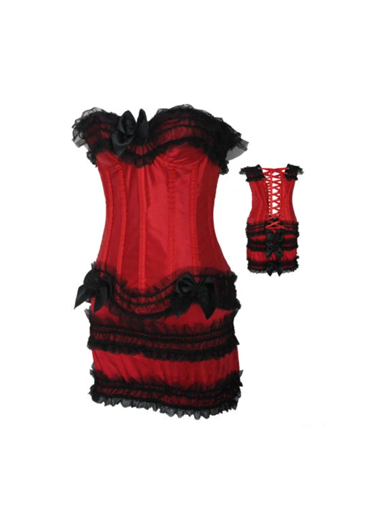 Большие размеры черный с красным атласом корсет на молнии косточками кружевом и