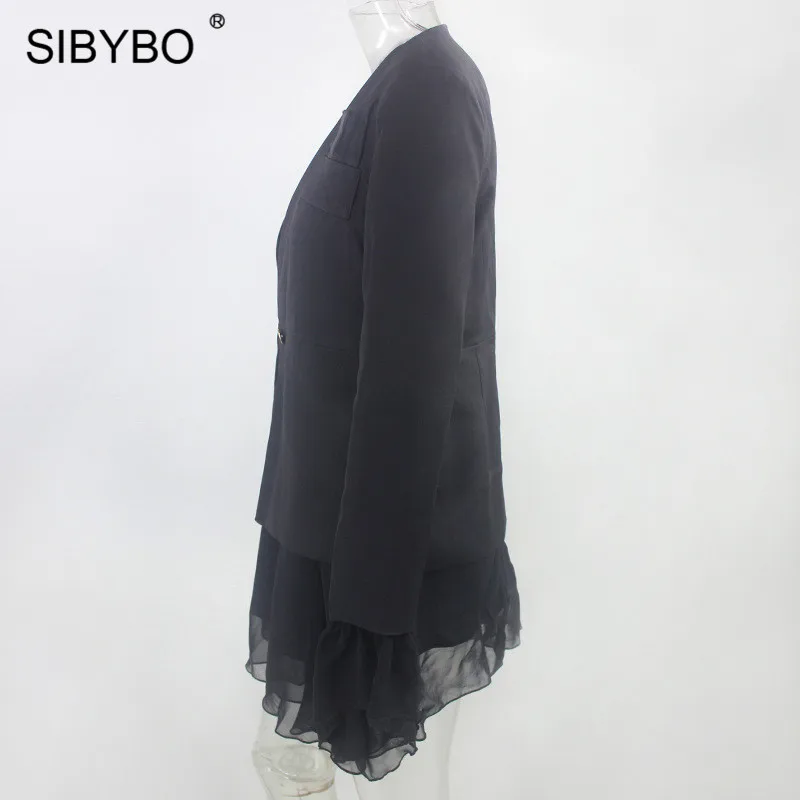 SIBYBO, с расклешенными рукавами, в сеточку, сексуальный комплект из двух предметов, для женщин, с глубоким v-образным вырезом, с оборками, Женский блейзер и юбка, комплект, элегантный, для вечеринки, Женский комплект