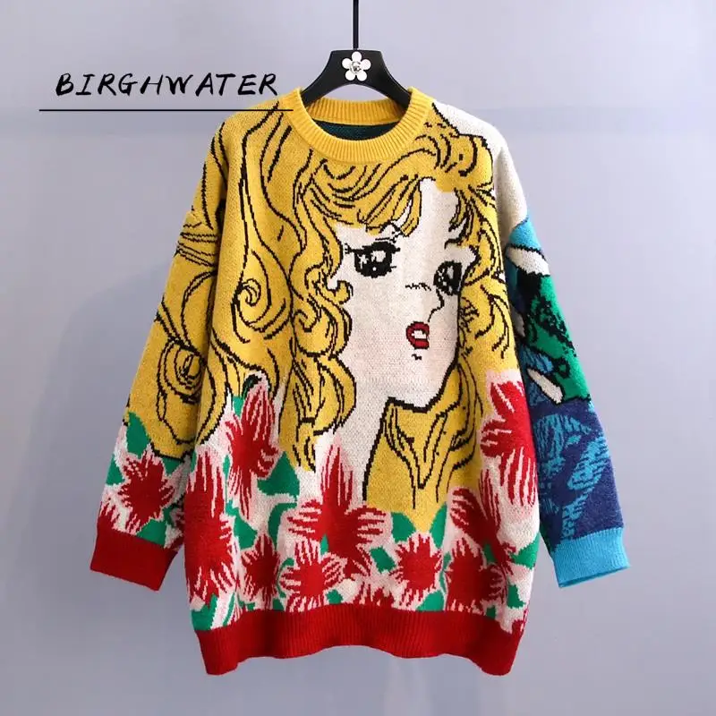 

2020 Autumn Winter New Women Cartoon Sweaters Korean Hit Color Sueter Mujer Vintage O Neck Long Sleeve Jumper Femme