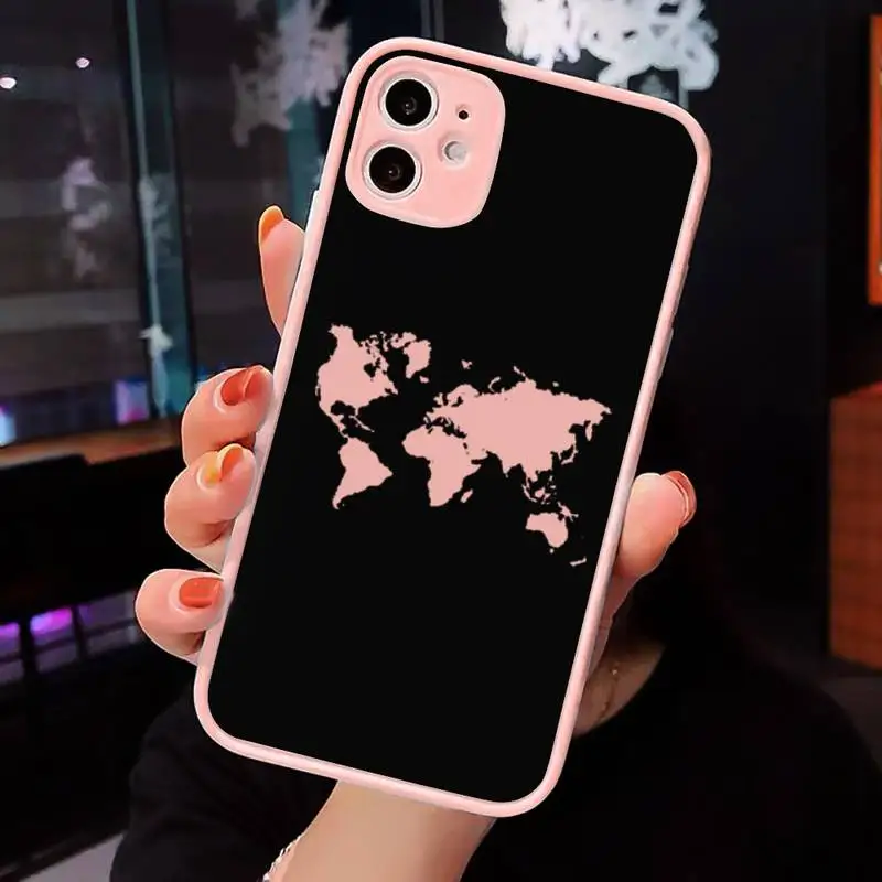 

World map airplane pattern Phone Case Matte transparent For Pink iPhone 12 Mini 11 Pro XR XS Max 7 8 Plus X Back Cover