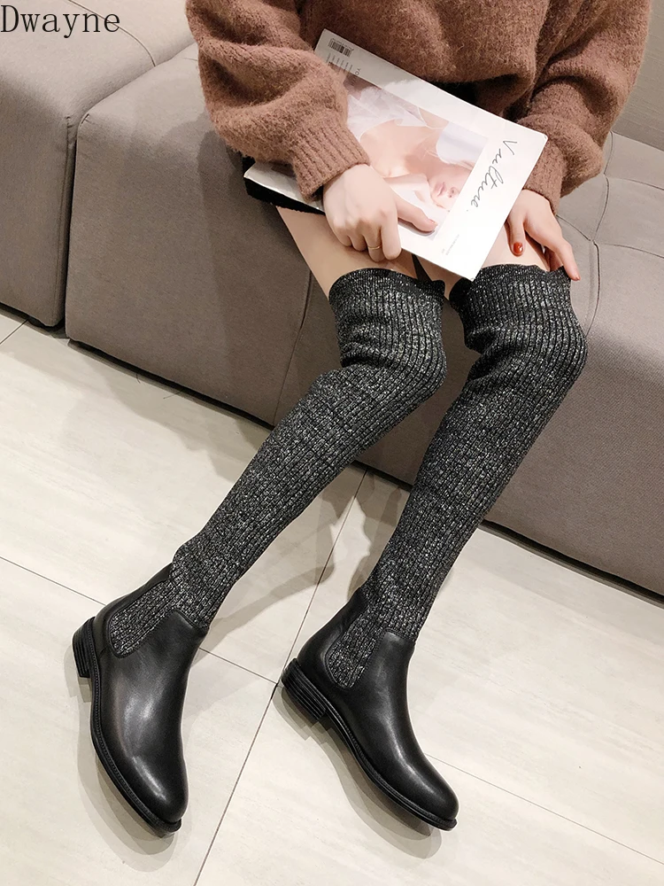 Женские сапоги; коллекция года; сезон осень; высокие эластичные чулки до колена на плоской подошве; женские сапоги