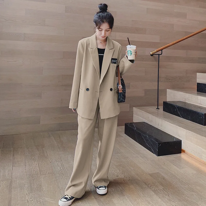 

CAIDA Autumn And Winter Women's Blazer Jacket Set Casual Solid Color Double-breasted Pocket Decorative Coat Pant 2021 New Suit