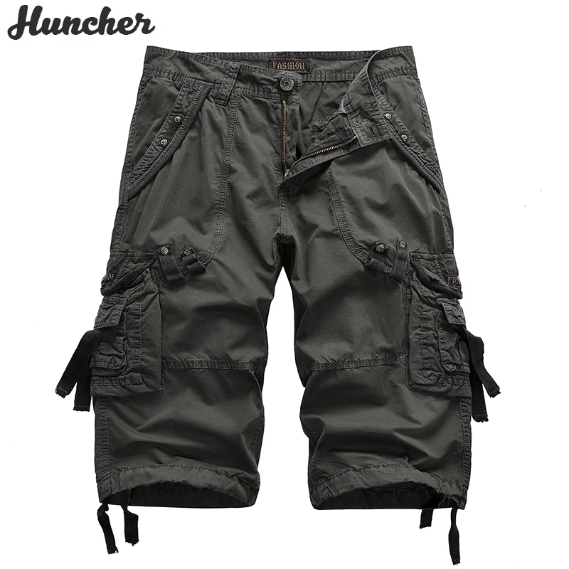 

Huncher Mens Cargo Shorts 2021 Summer Cotton Joggers Plus Size Knee Length Shorts Side Pockets Green Beach Short Pants For Male