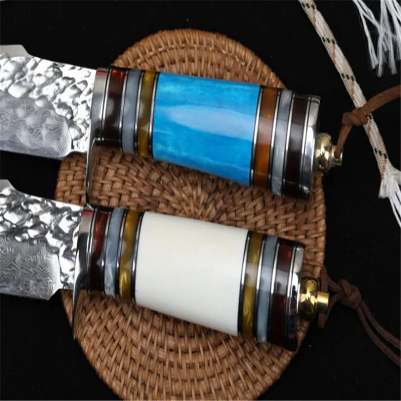 Ручной нож из кузницы Дамаск-Самурай (остроконечная версия) верблюжья кость +