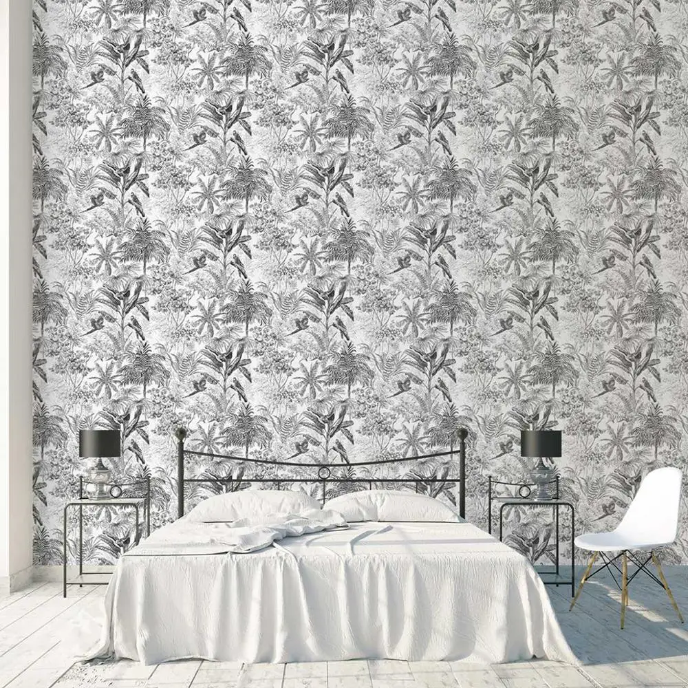 Черно белый скандинавский тропический обои птиц летать в Джунгли Лес PW423330104