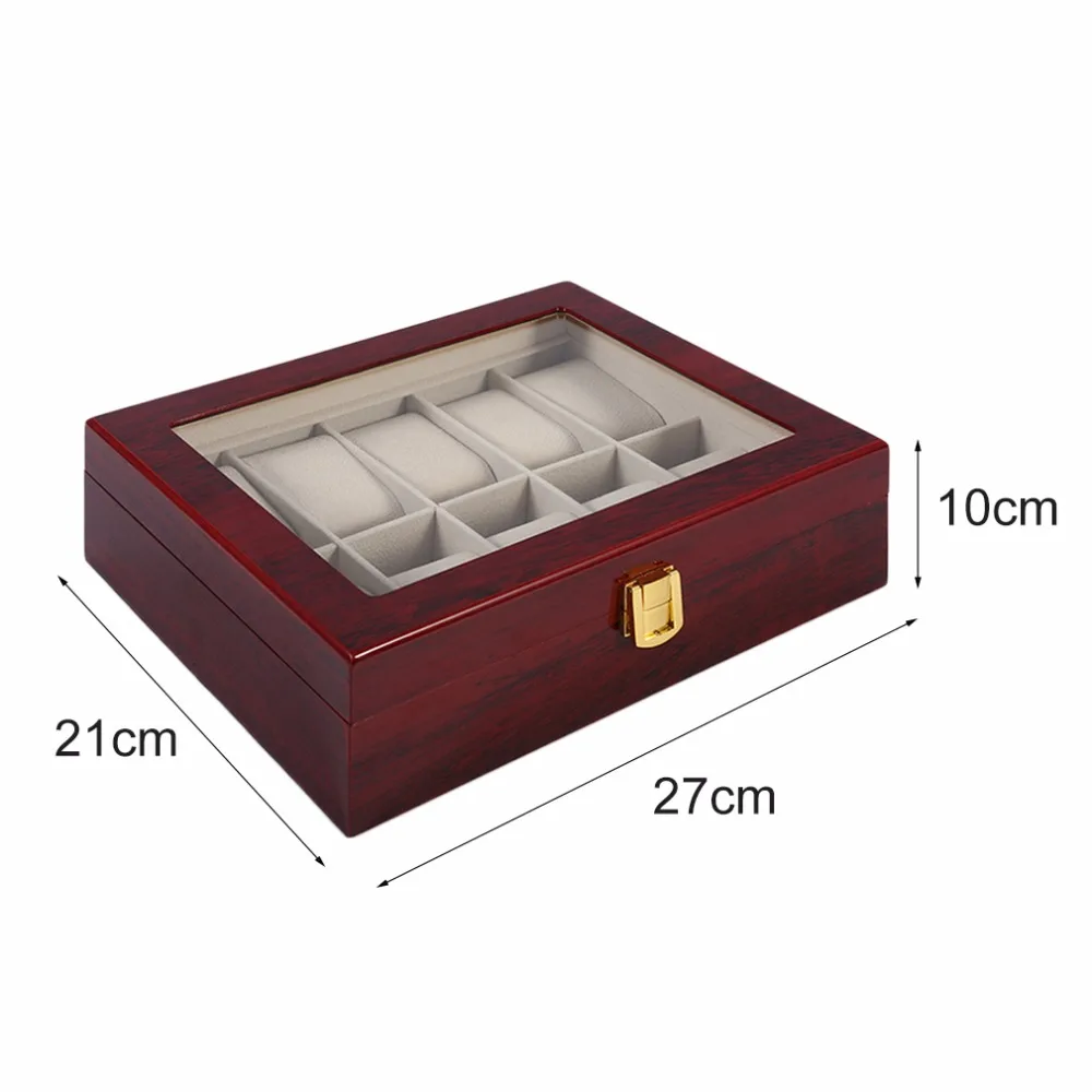

Practical 10 Grids Wooden Watch Box Durable Home Jewelry Display Collection Storage Case Watch Organizer Box Red