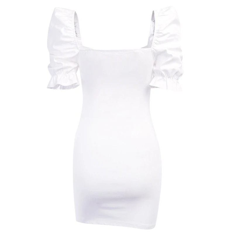 

White Casual Solid Color Women Dress Bandage Ruched Summer Mini Dress Office Puff Sleeve High Street Ladies Dresses
