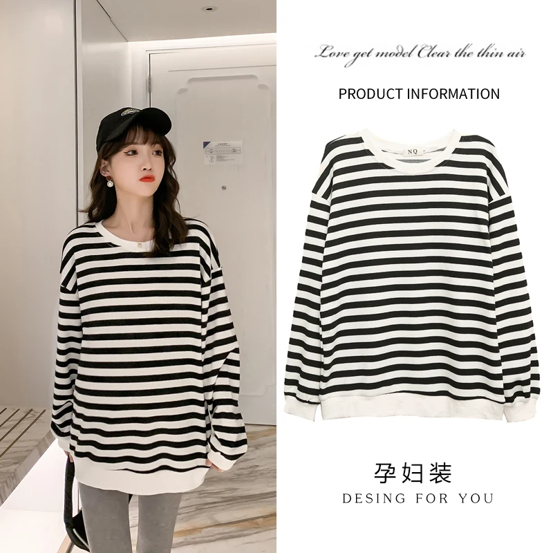 

9846# Autumn Striped Cotton Maternity Hoodies Sports Casual Loose Sweatshirt Clothes for Pregnant Women Chic Ins Pregnancy Tops