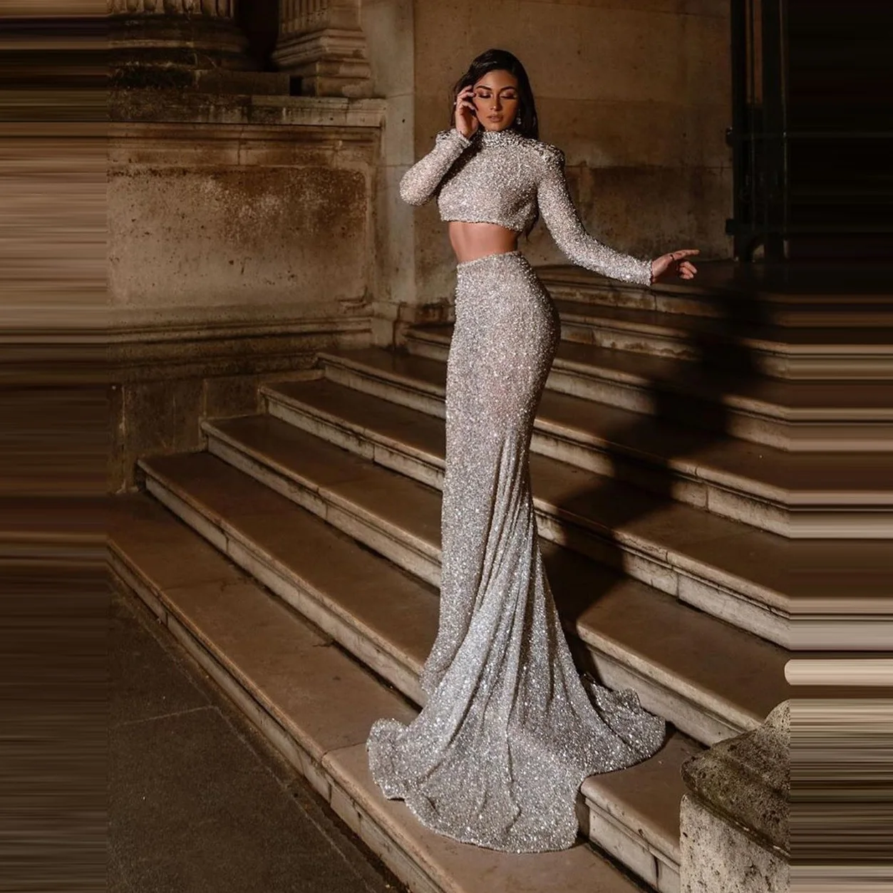 Женское вечернее платье с блестками длинное платье-футляр длинными рукавами и