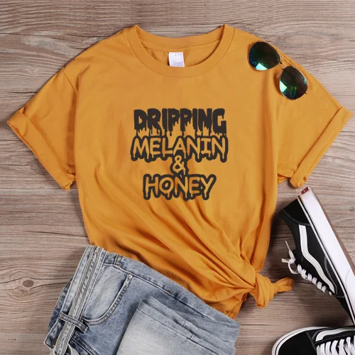Женские футболки с надписью "Dropping Melanin honey" в стиле Харадзюку, хипстер, уличная хлопковая футболка, графическая футболка - Цвет: Yellow-B