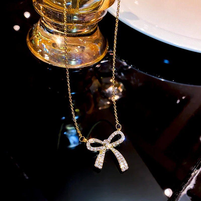 

Trendy Exquisite 14k Real Gold Bowknot Pendant Chain Necklace for Women High Quality Jewelry Bling AAA Zircon Anniversary Party