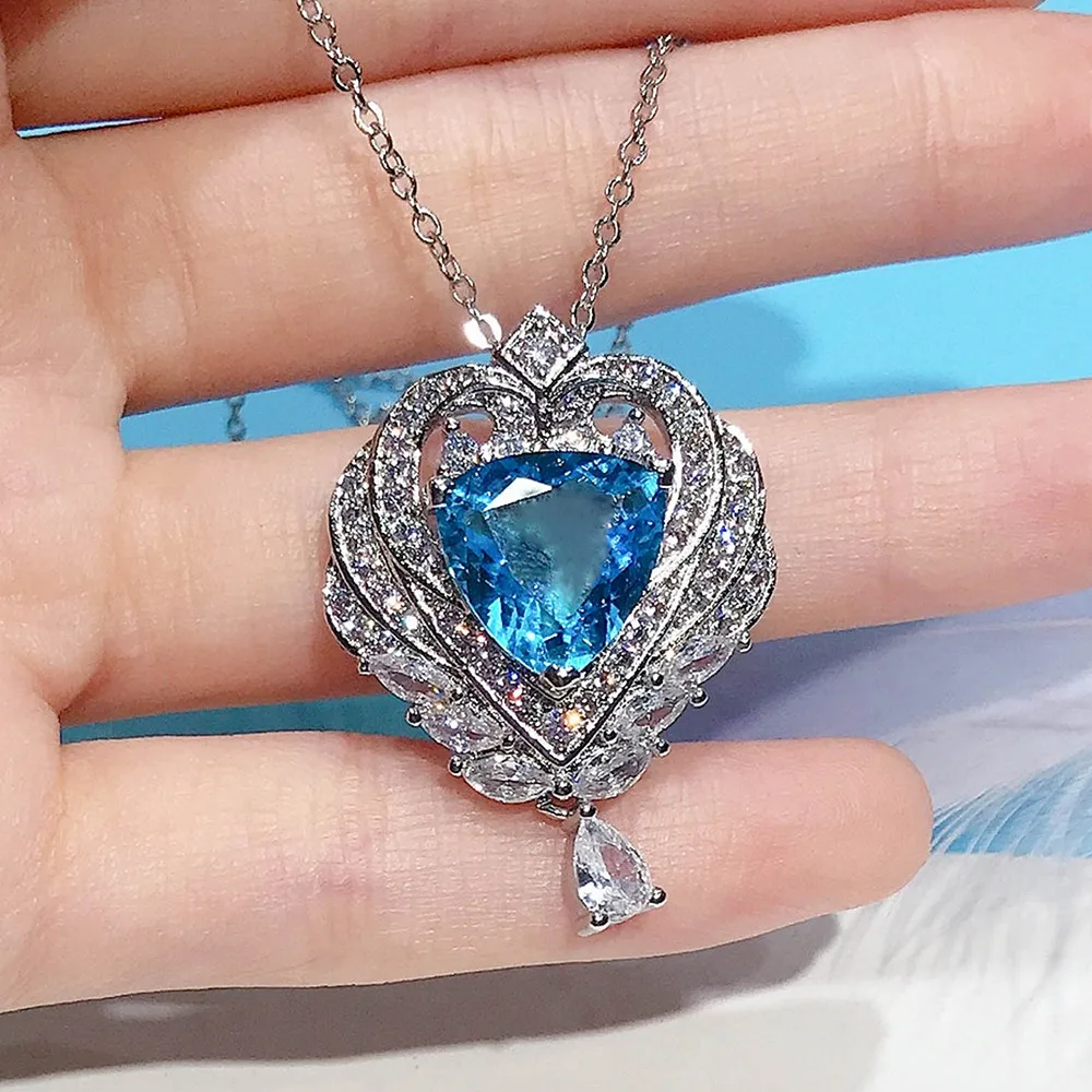 

Ожерелье с подвеской в виде сердца океана с голубым кристаллом топазом и бриллиантами для женщин, серебряное и белое золото 18 карат, ювелирн...