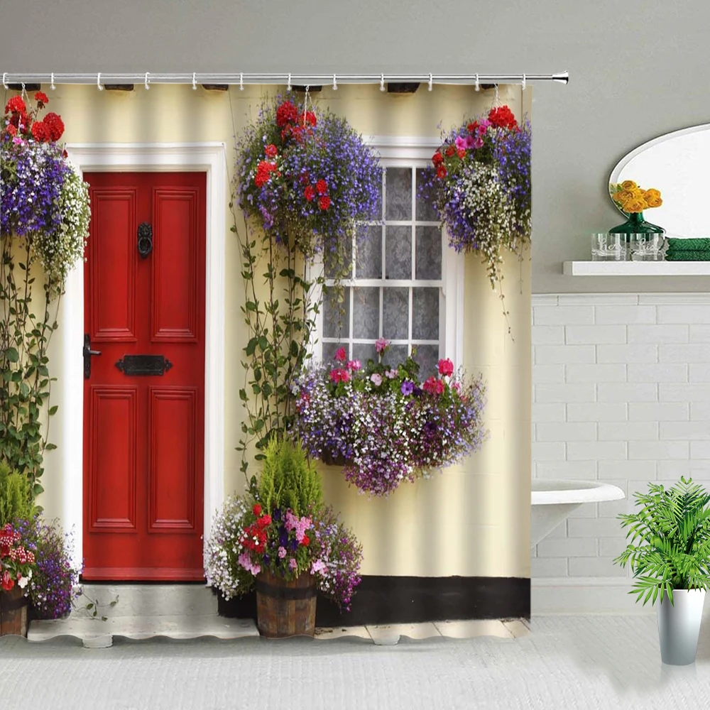 

Занавеска для душа с изображением сельского пейзажа, цветов, растений, ретро здания, улицы, старая дверь, занавеска для ванной комнаты, декор...