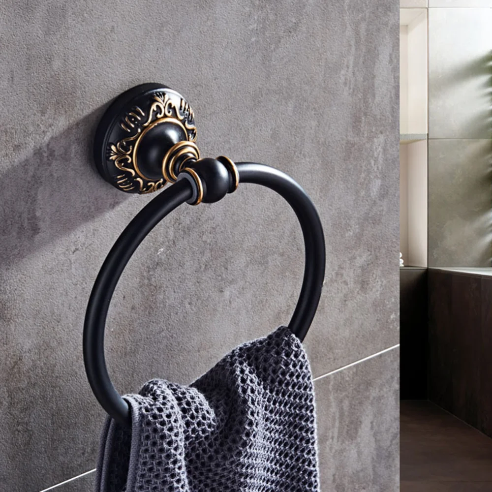 

Black Antique Bathroom Towel Ring Towel Rack Round Wall Mount Towel Ring American Space Aluminum Bathroom Towel Ring Shelf