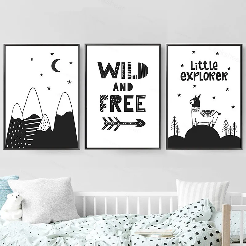 Минималистичная черно-белая Картина на холсте плакат мультяшный Лев кот девочка