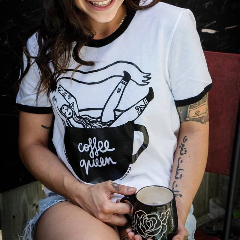 

Coffee Queen Funny Print Women Black Ringer Tees Short Sleeve Modal Graphic Cute Shirts Plus Size Vintage Coffee Lover Shirt