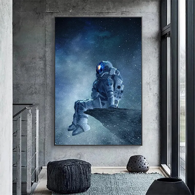 

Modern Canvas Painting Art Lonely Astronaut Sitting In Space Posters and Prints Wall Art Pictures Living Room Bedroom Decoration