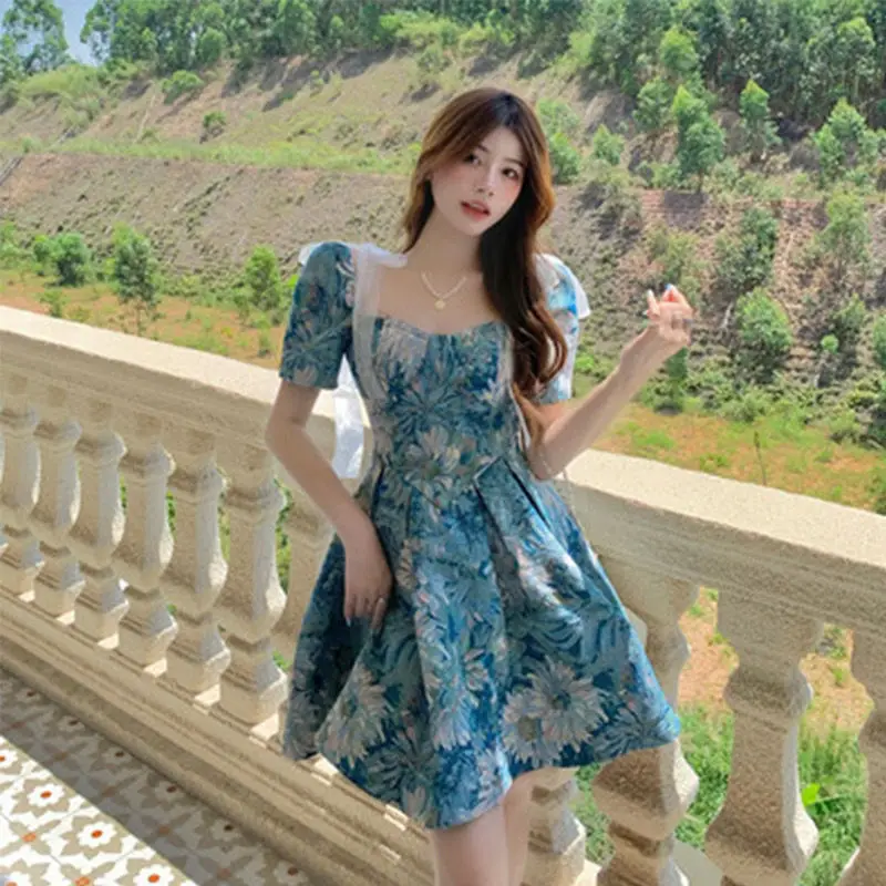 

Summer new style Monet's garden light luxury first love retro gentle court oil painting temperament waist puffy dress female
