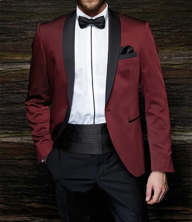 

Fashion One Button Burgundy Groom Tuxedos Groom Men's Wedding Prom Suits dress wear wedding men suit (Jacket+Pants+Girdle+Tie)