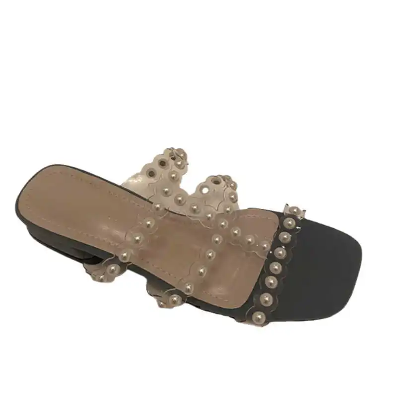 

High heeled shoes thin heeled pearl Sandals New Cross toe net red square slippers for women
