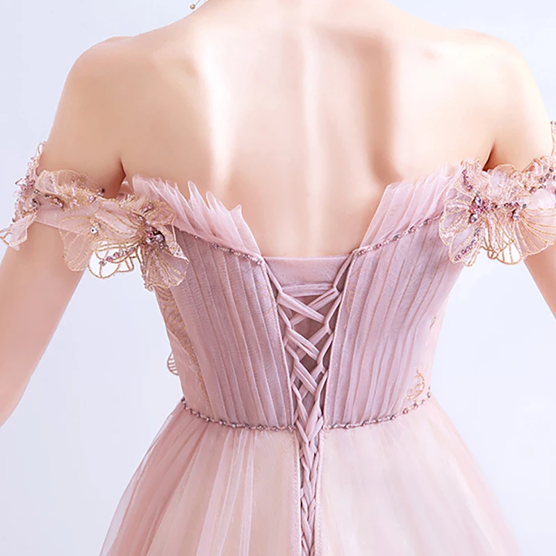 

Bespoke Occasion Dresses Illusion Boat Neck Short Sequined Beading Pleat Tulle Off The Shoulder Women Wedding Party Gown TS055