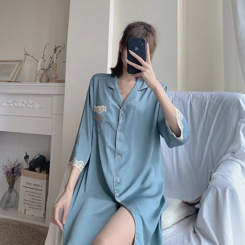 

Ladies nightdress Color matching Tracksuit Summer new style Midi skirt Breathable and simple Ice silk Lace edge Three Quarter