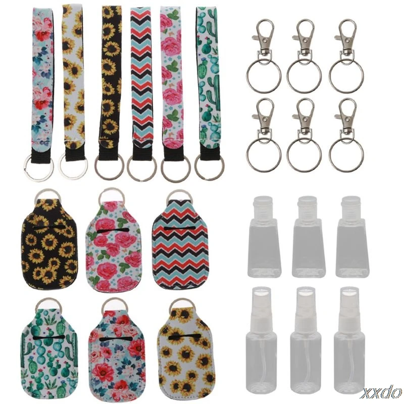 

6Pcs 30ml Reusable Spray Bottle Hand Sanitizer Keychain Holder Leakproof Refillable Wrist Strap Travel Containers Kit