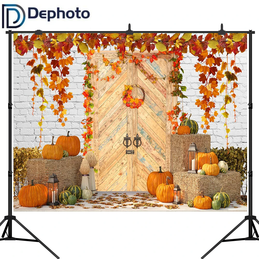 Dephoto Хэллоуин Тыква белая кирпичная стена дерево дверь фотография Фон осень