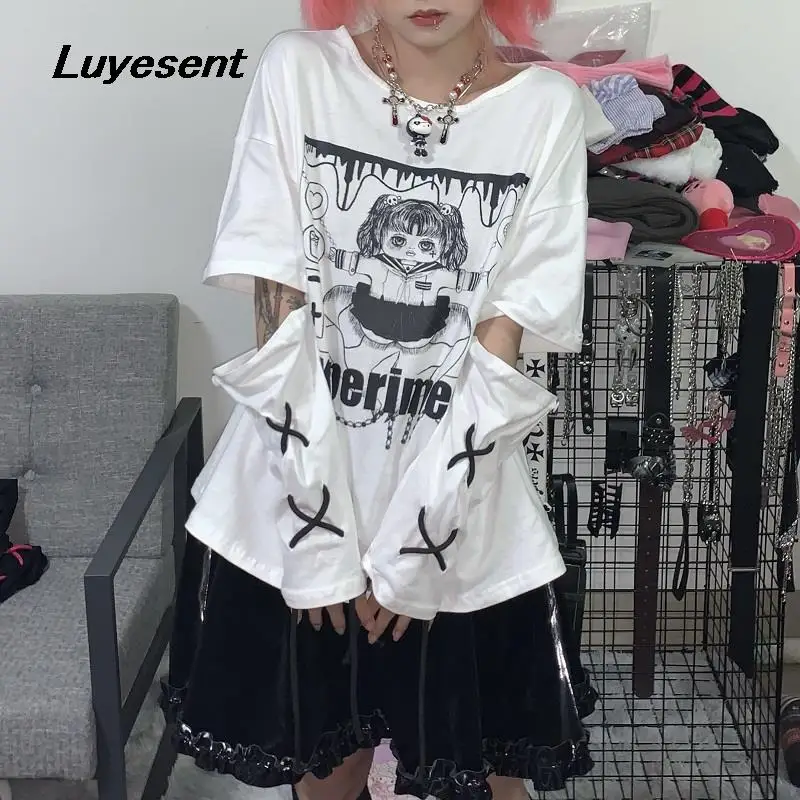 

Lady Cute Cartoon Print Street T Shirt Y2k Girl Kawaii Detachable Outsleeve Drawstring Black White T-shirts Korean Fashion Cloth