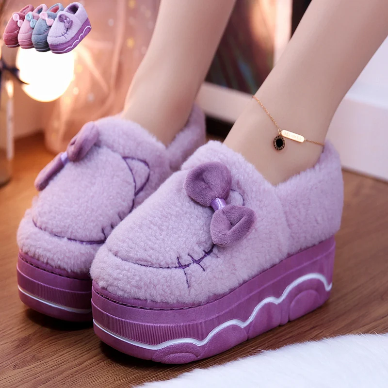 

Casual Woman Shoe Clogs Platform Modis Bow-Knot Creepers Winter 2021 Comfortable Butterfly High Slipper Flock Rubber Wedges Butt