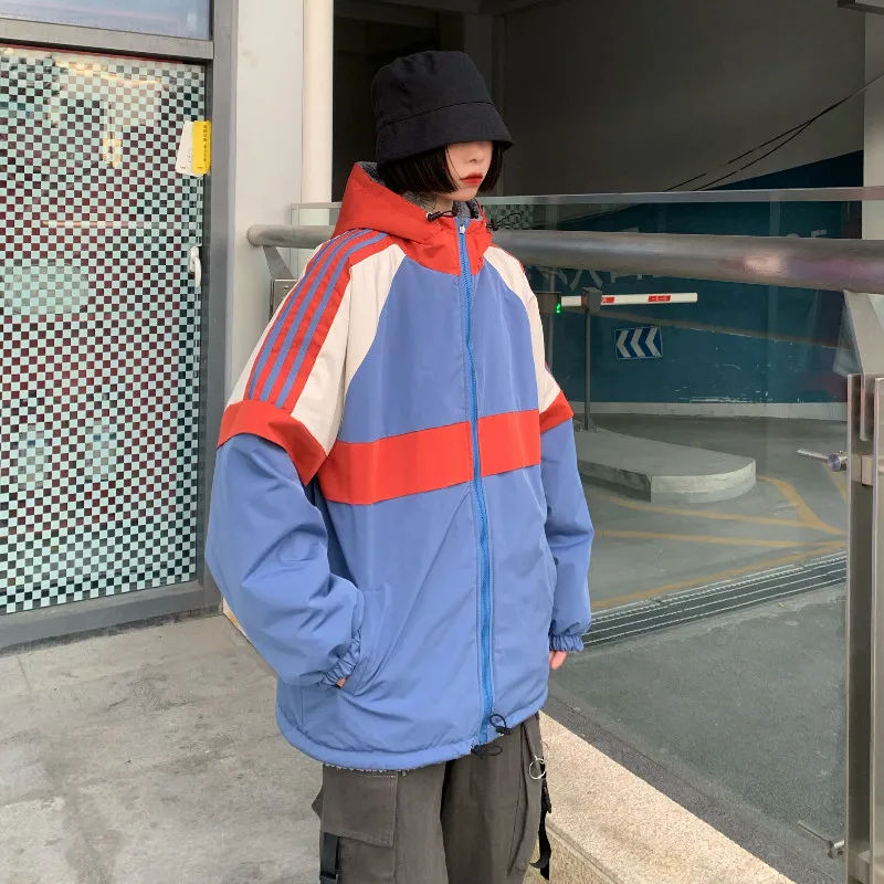 

Harajuku Fashion Retro Contrast Plaid Women Hoodies Lamb Wool Thick Hooded Sweatshirt Hip Hop Man and Women Oversized Outwear