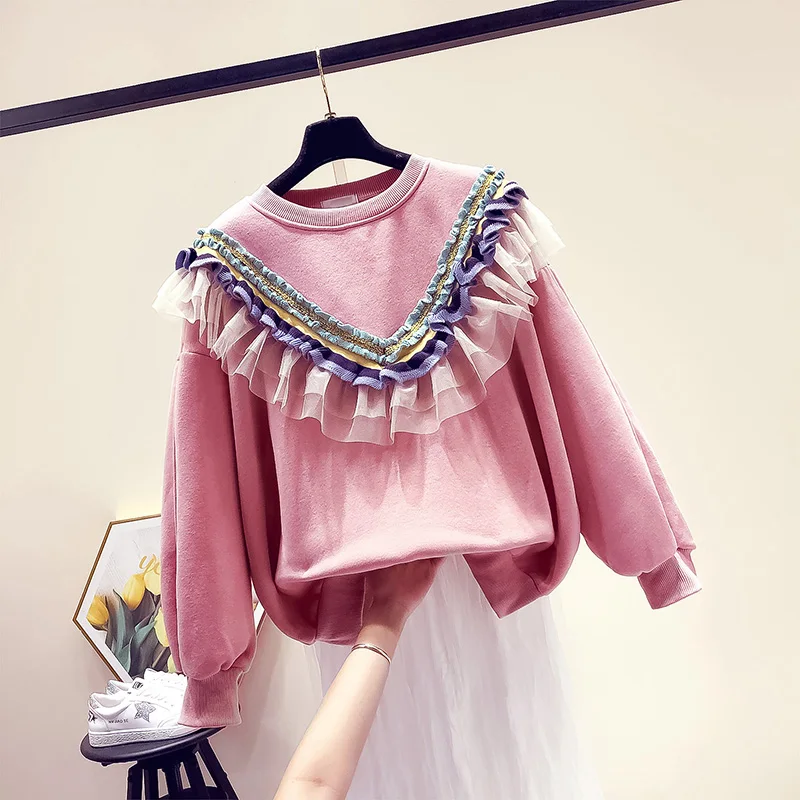 Quality Women Sweatshirt Pullovers Lady Autumn Winter Warm Long sleeve Ruffles Tops | Женская одежда