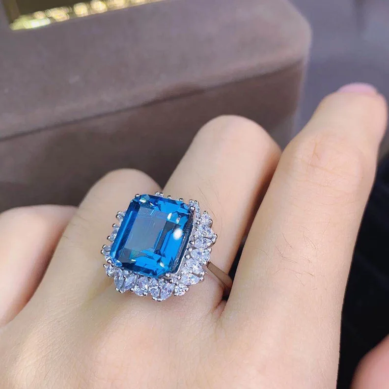 

Rings for Women Silver 925 Jewelry with Square Blue Aquarium Gemstones Women Party Wholesale Gift Resizable Size Wedding Rings