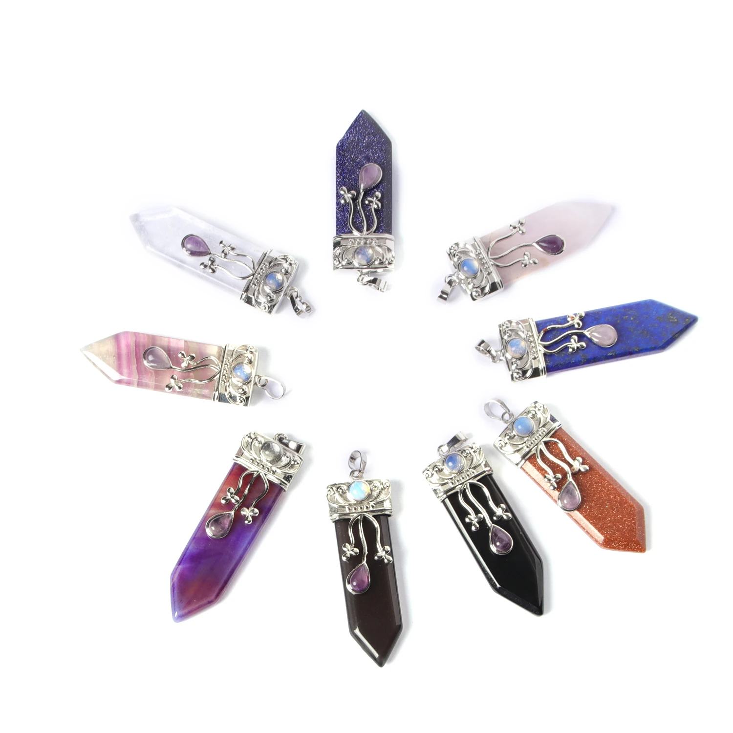 

Handmade Wrap Pendulum 7 Chakra Pendants Healing Balance Reiki Natural Gem Stone Obsidian Lapis Lazuli Opal Point Sword Pendants