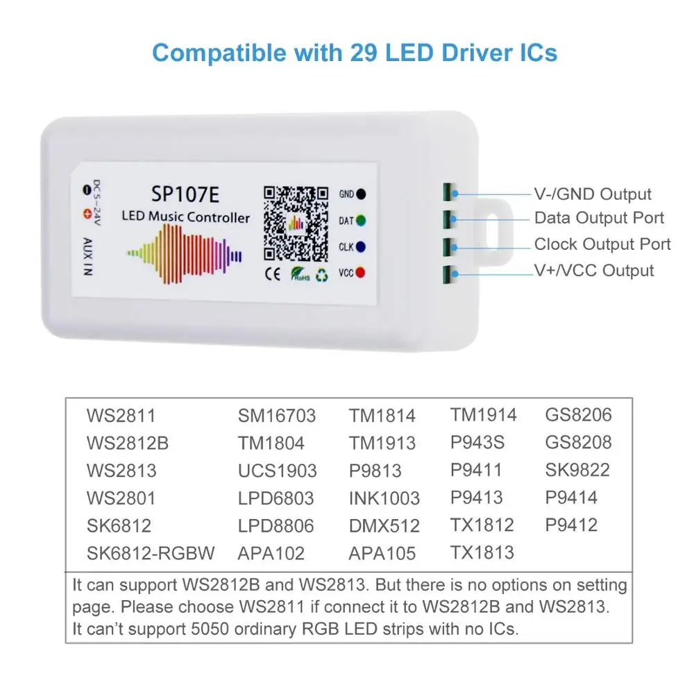 SP107E DC 5V-24V Bluetooth Music LED Controller full color RGB SPI Control by phone APP for 2812 2811 1903 Strip Light Tape | Лампы и