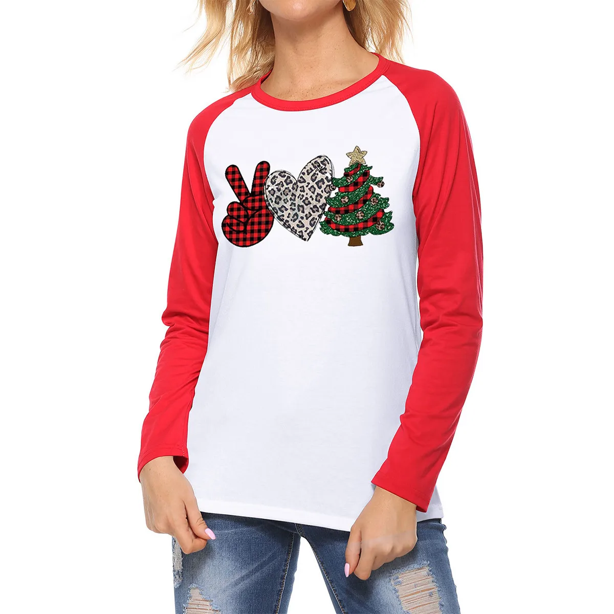 Женская футболка с рождественским принтом круглым вырезом и рукавами реглан